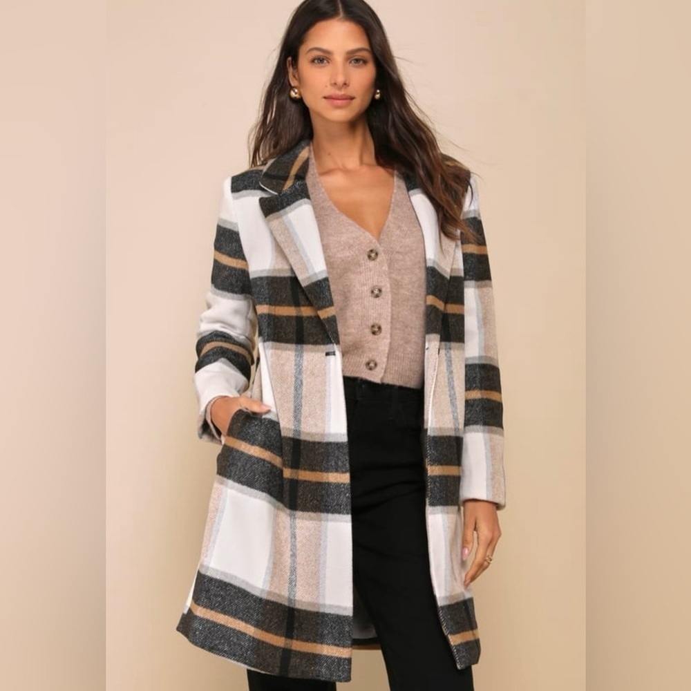 Steve Madden Cher Ivory Plaid Brushed Coat Wool Blend size S NWOT